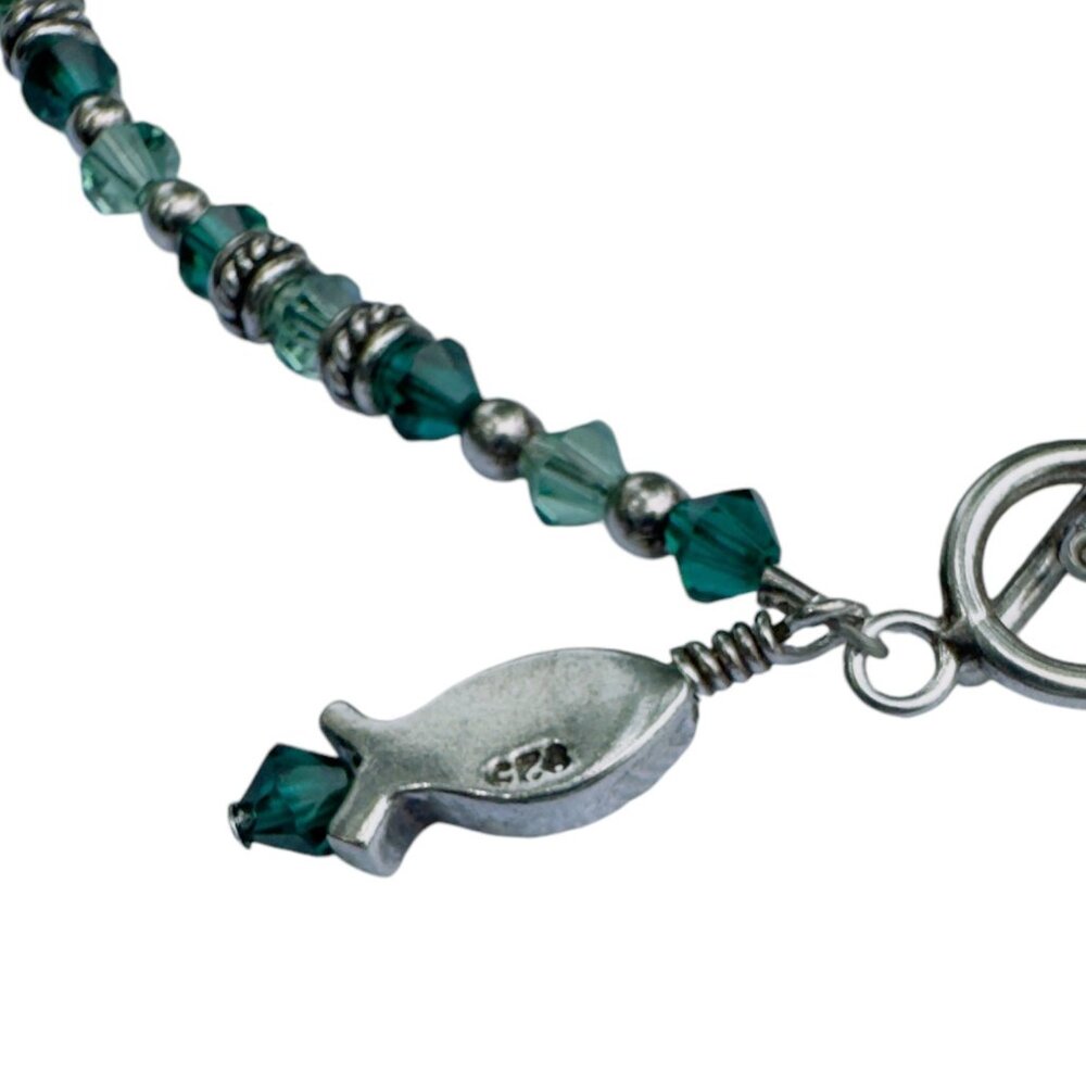 Vintage Silver & Emerald Green Beaded Fish Charm Anklet - Picture 4 of 8